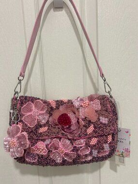 Beaded and Sequin Flower Bag  Pink Floral w Charm Handcrafted in India